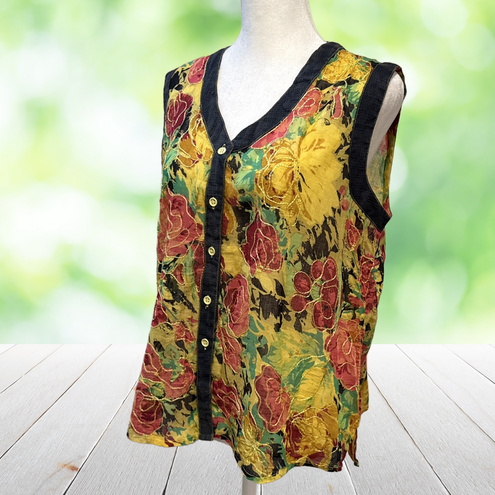 Vintage 90s MAGIC Embroidered Top Boho Bright Floral Button Front Y2K Womens L